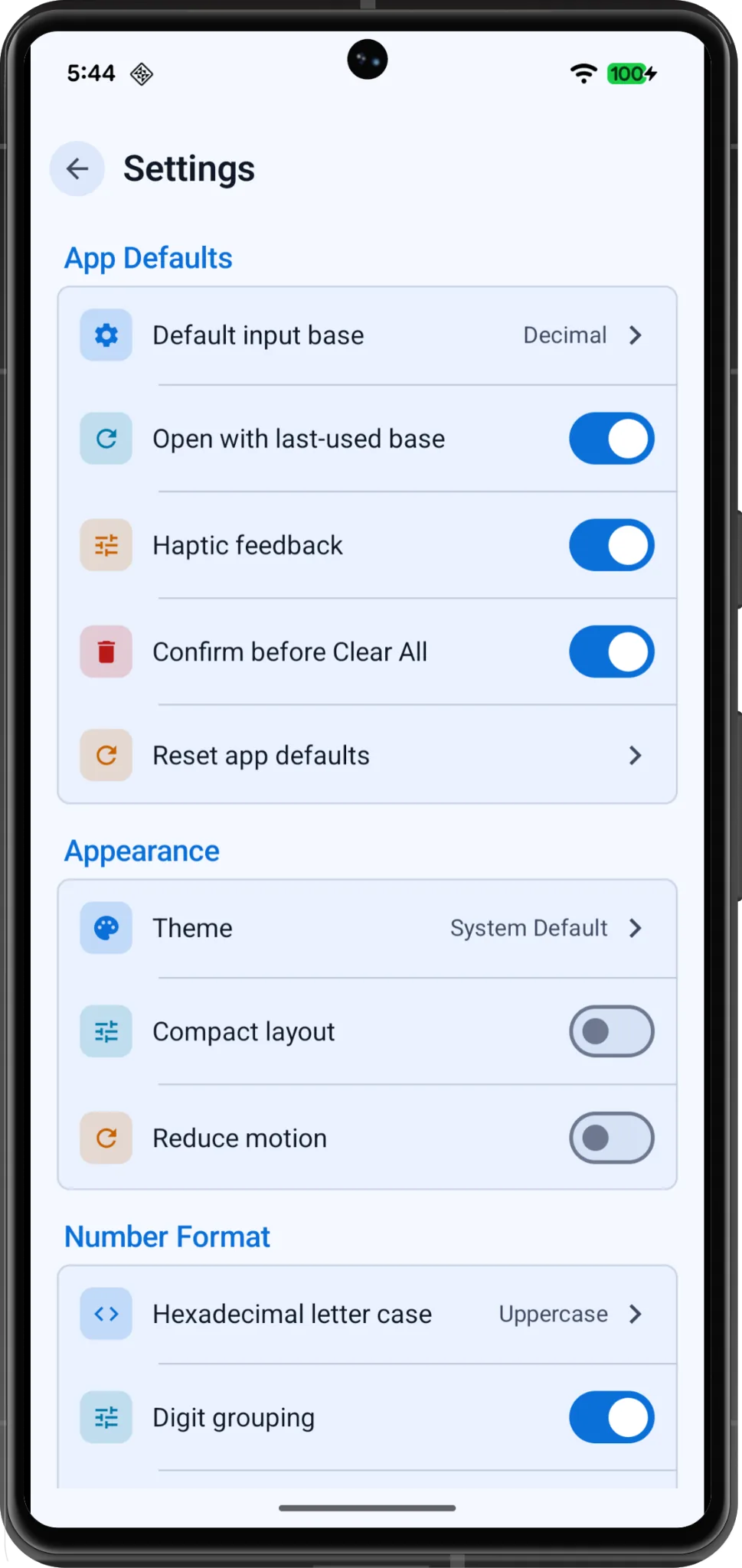 Number System Settings screen